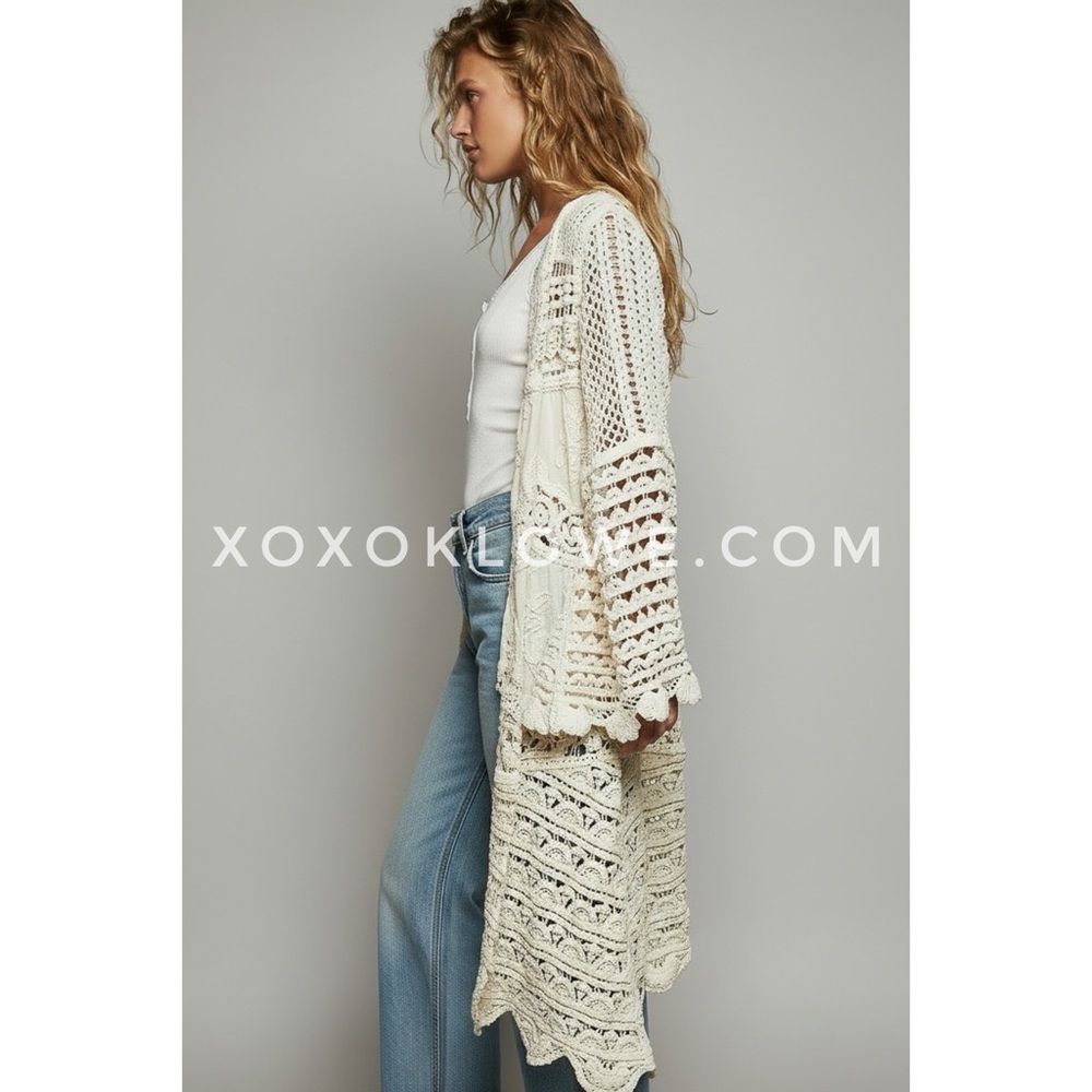 POL Cream Chenille Crochet Duster Cardigan | Long Open Knit Embroidered Boho - Picture 5 of 10